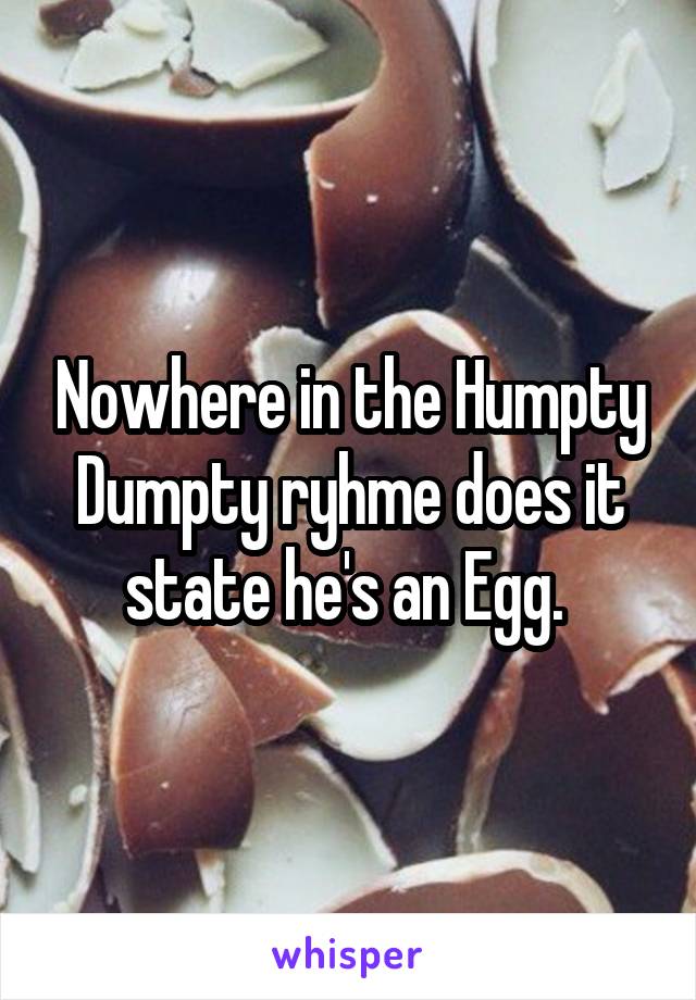 Nowhere in the Humpty Dumpty ryhme does it state he's an Egg. 