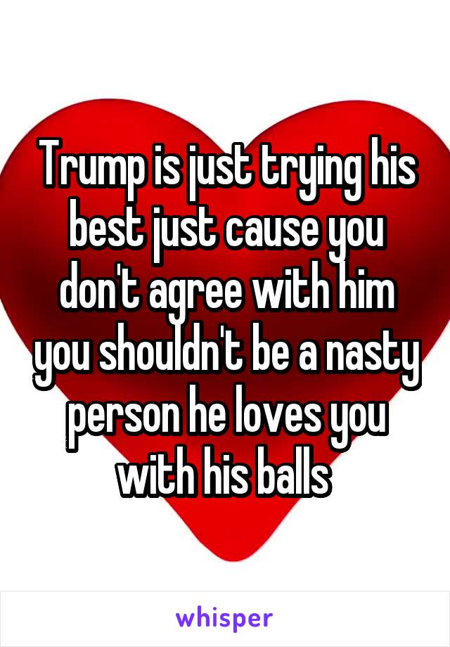 Trump is just trying his best just cause you don't agree with him you shouldn't be a nasty person he loves you with his balls 