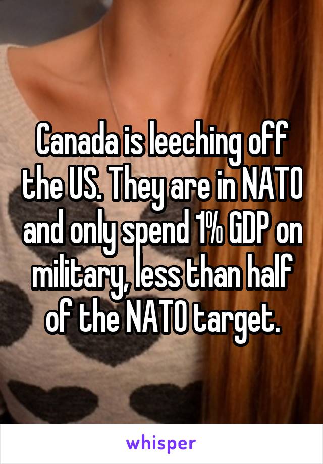 Canada is leeching off the US. They are in NATO and only spend 1% GDP on military, less than half of the NATO target.