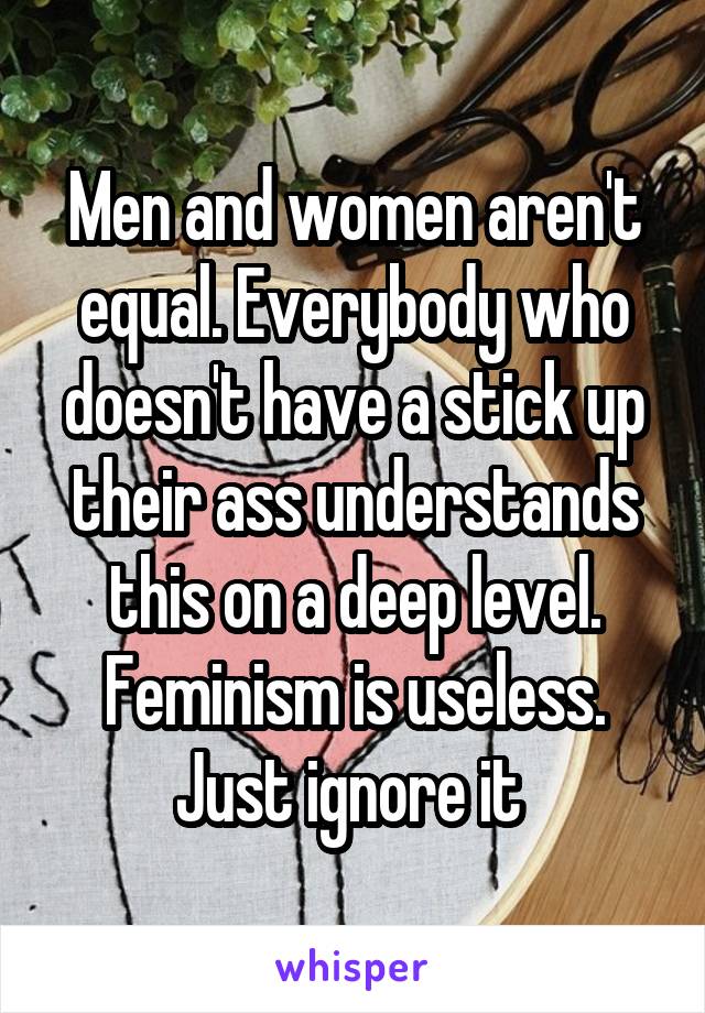 Men and women aren't equal. Everybody who doesn't have a stick up their ass understands this on a deep level. Feminism is useless. Just ignore it 