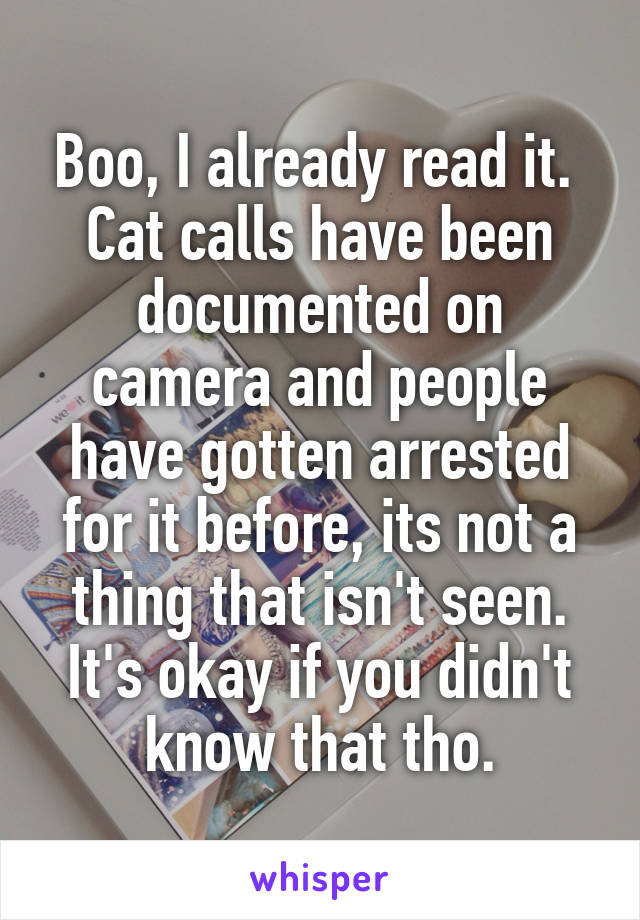 Boo, I already read it. 
Cat calls have been documented on camera and people have gotten arrested for it before, its not a thing that isn't seen. It's okay if you didn't know that tho.