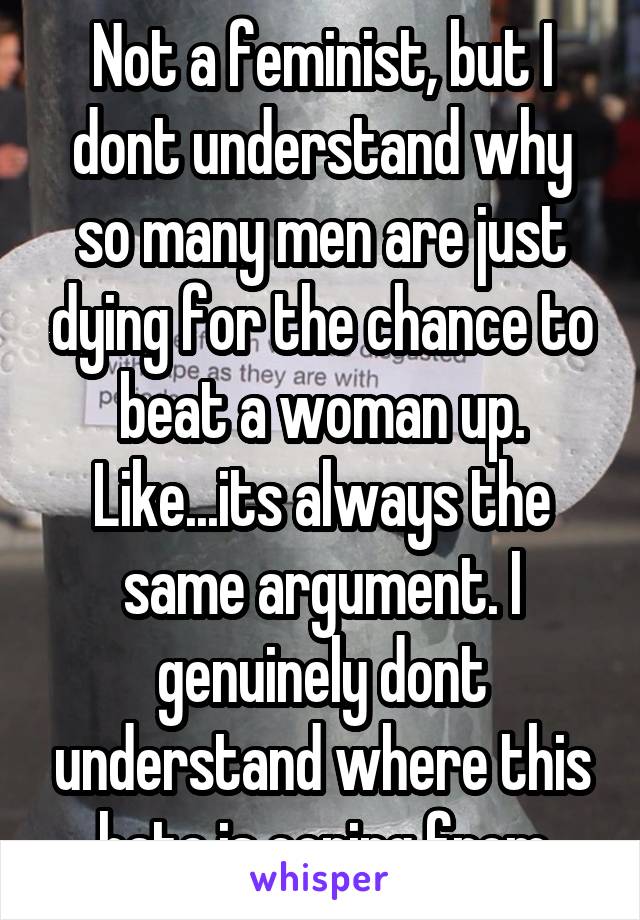 Not a feminist, but I dont understand why so many men are just dying for the chance to beat a woman up. Like...its always the same argument. I genuinely dont understand where this hate is coning from