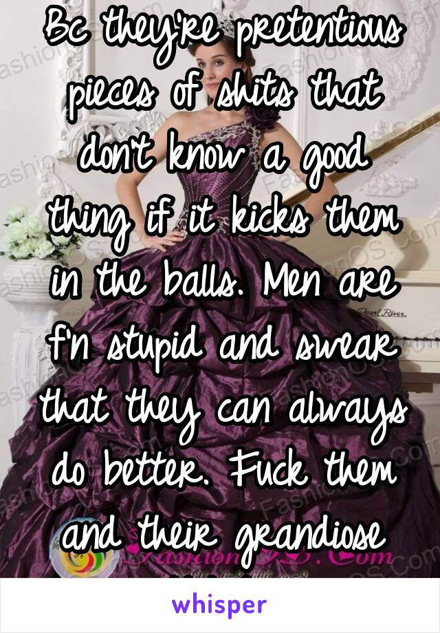 Bc they're pretentious pieces of shits that don't know a good thing if it kicks them in the balls. Men are f'n stupid and swear that they can always do better. Fuck them and their grandiose attitudes 