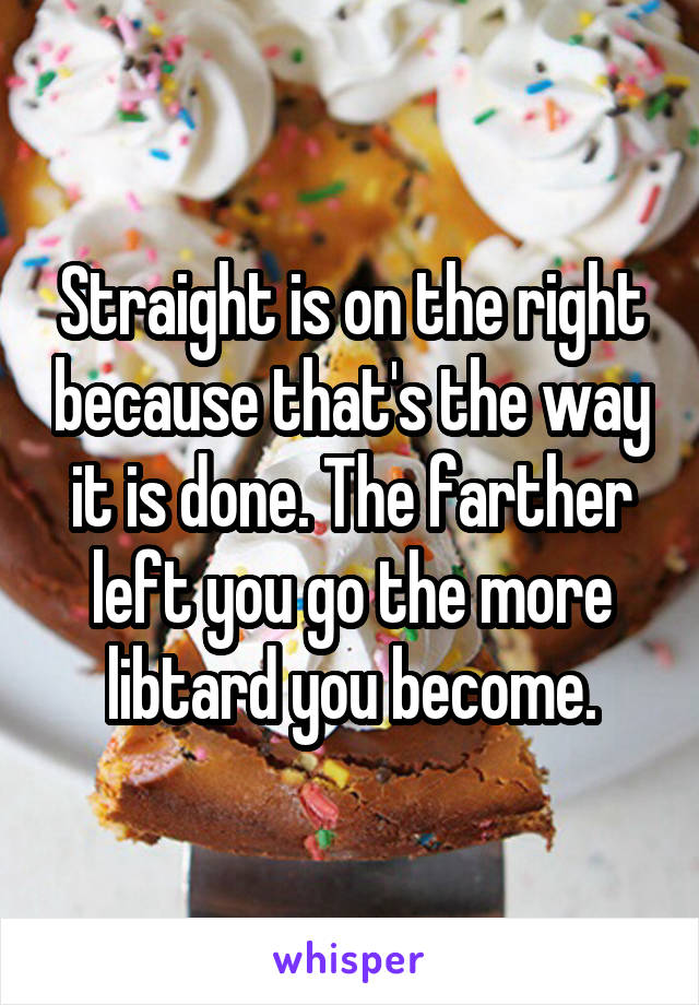 Straight is on the right because that's the way it is done. The farther left you go the more libtard you become.