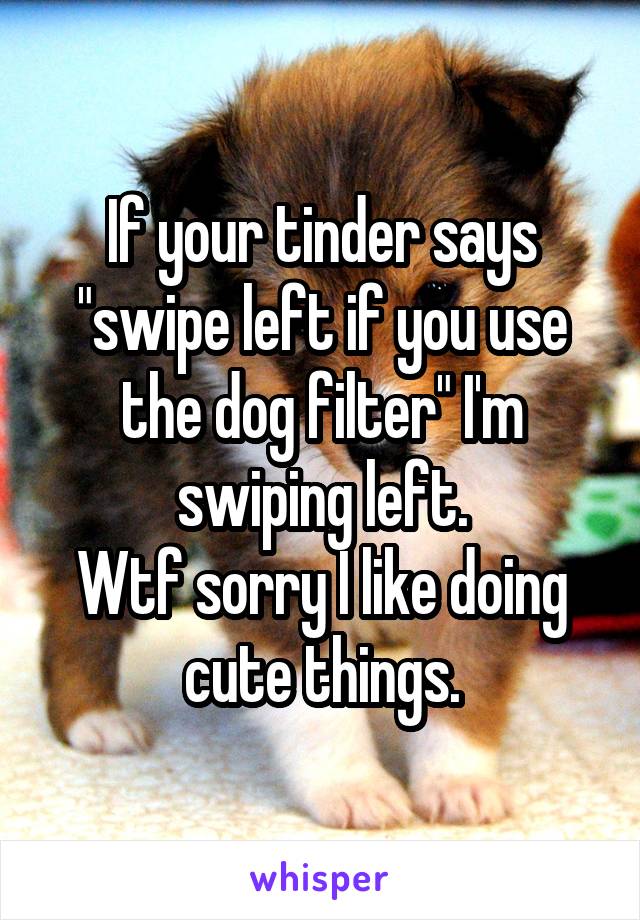 If your tinder says "swipe left if you use the dog filter" I'm swiping left.
Wtf sorry I like doing cute things.