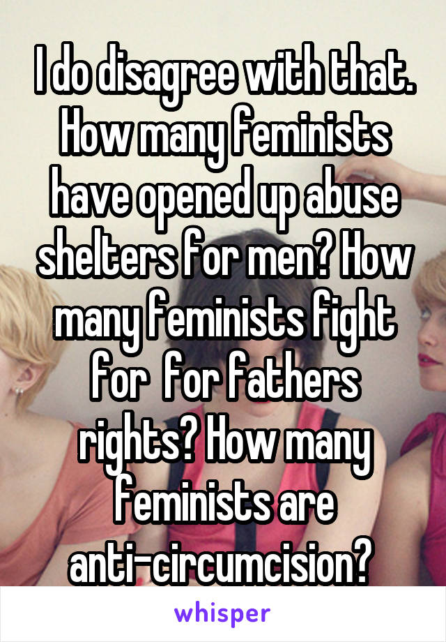 I do disagree with that. How many feminists have opened up abuse shelters for men? How many feminists fight for  for fathers rights? How many feminists are anti-circumcision? 