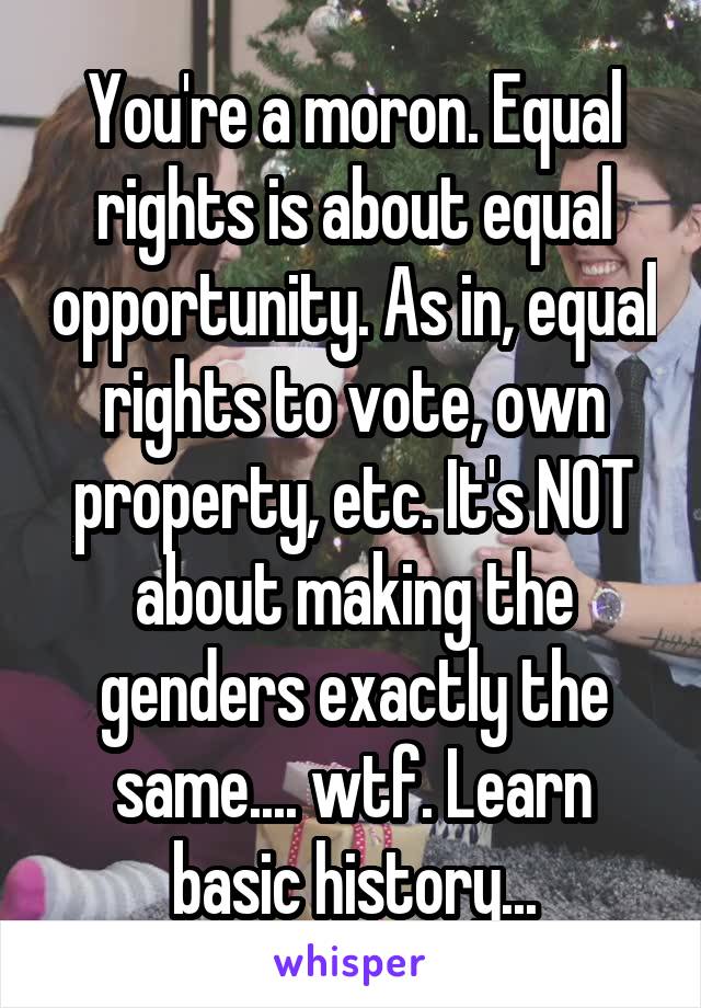 You're a moron. Equal rights is about equal opportunity. As in, equal rights to vote, own property, etc. It's NOT about making the genders exactly the same.... wtf. Learn basic history...
