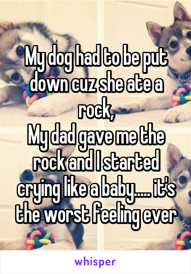 My dog had to be put down cuz she ate a rock,
My dad gave me the rock and I started crying like a baby..... it's the worst feeling ever