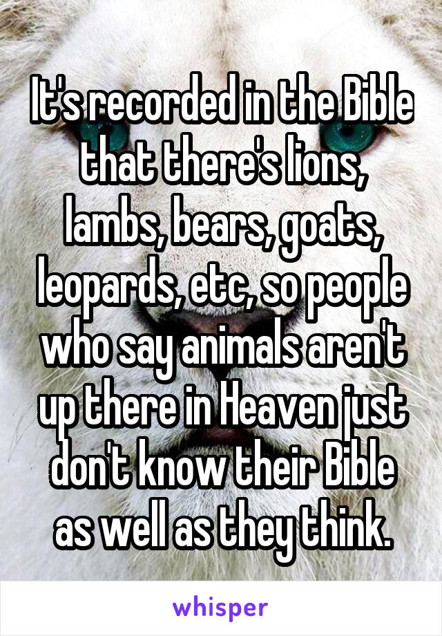 It's recorded in the Bible that there's lions, lambs, bears, goats, leopards, etc, so people who say animals aren't up there in Heaven just don't know their Bible as well as they think.