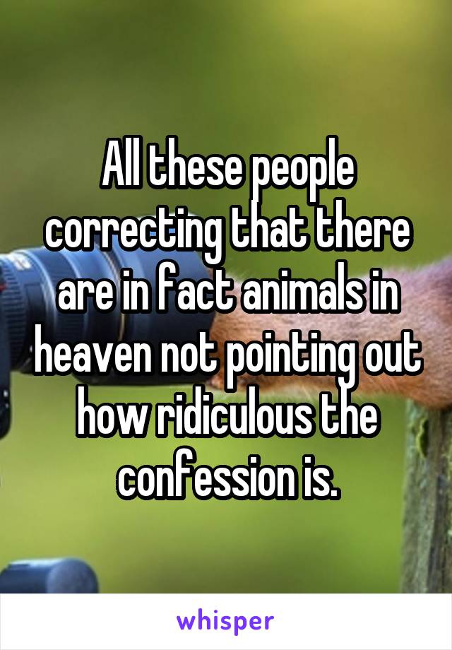 All these people correcting that there are in fact animals in heaven not pointing out how ridiculous the confession is.