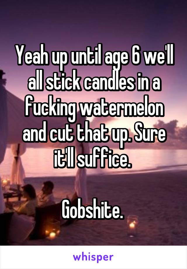 Yeah up until age 6 we'll all stick candles in a fucking watermelon and cut that up. Sure it'll suffice. 

Gobshite. 