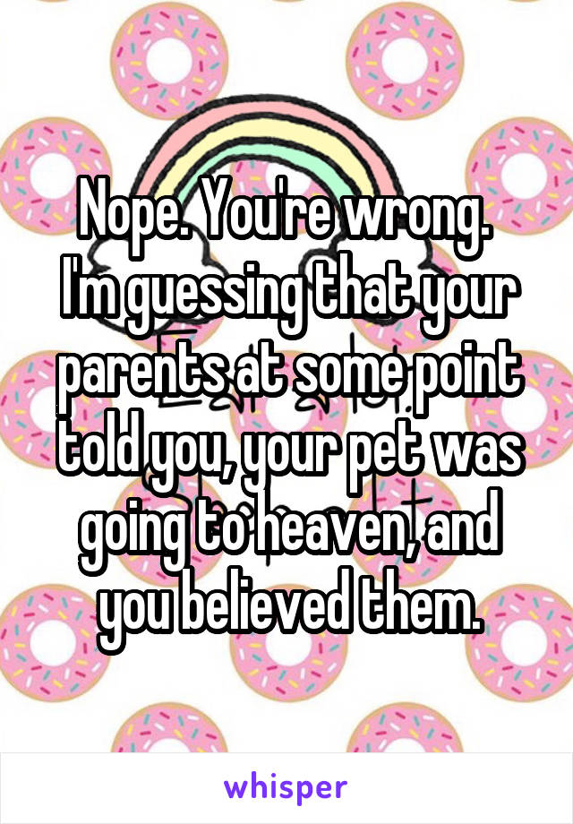 Nope. You're wrong. 
I'm guessing that your parents at some point told you, your pet was going to heaven, and you believed them.