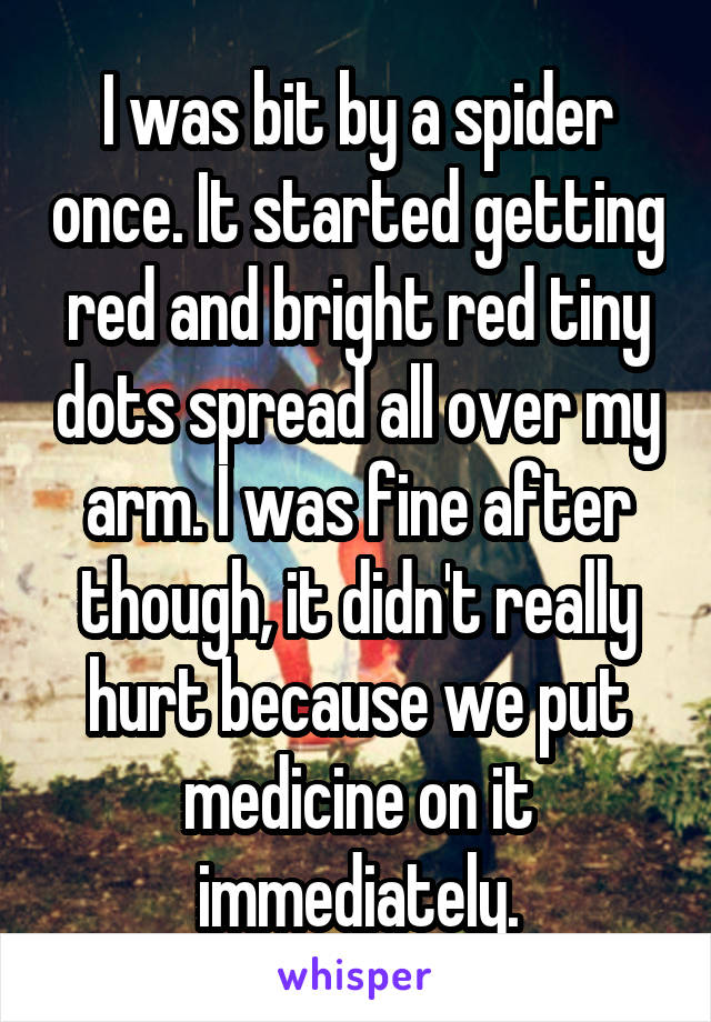 I was bit by a spider once. It started getting red and bright red tiny dots spread all over my arm. I was fine after though, it didn't really hurt because we put medicine on it immediately.