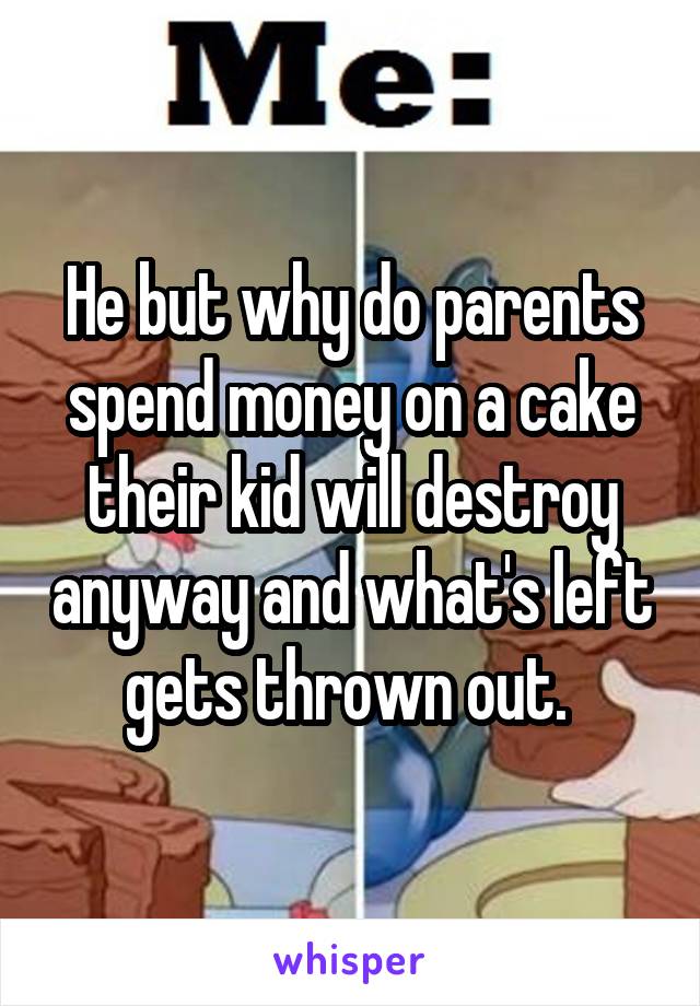 He but why do parents spend money on a cake their kid will destroy anyway and what's left gets thrown out. 