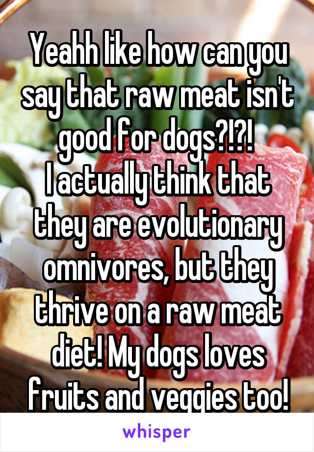 Yeahh like how can you say that raw meat isn't good for dogs?!?! 
I actually think that they are evolutionary omnivores, but they thrive on a raw meat diet! My dogs loves fruits and veggies too!