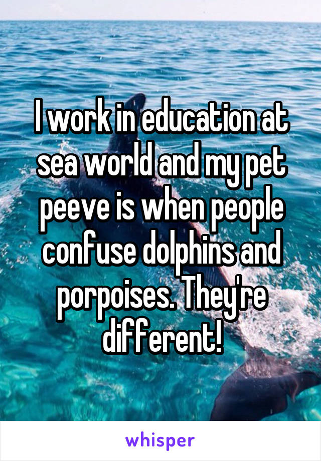 I work in education at sea world and my pet peeve is when people confuse dolphins and porpoises. They're different!