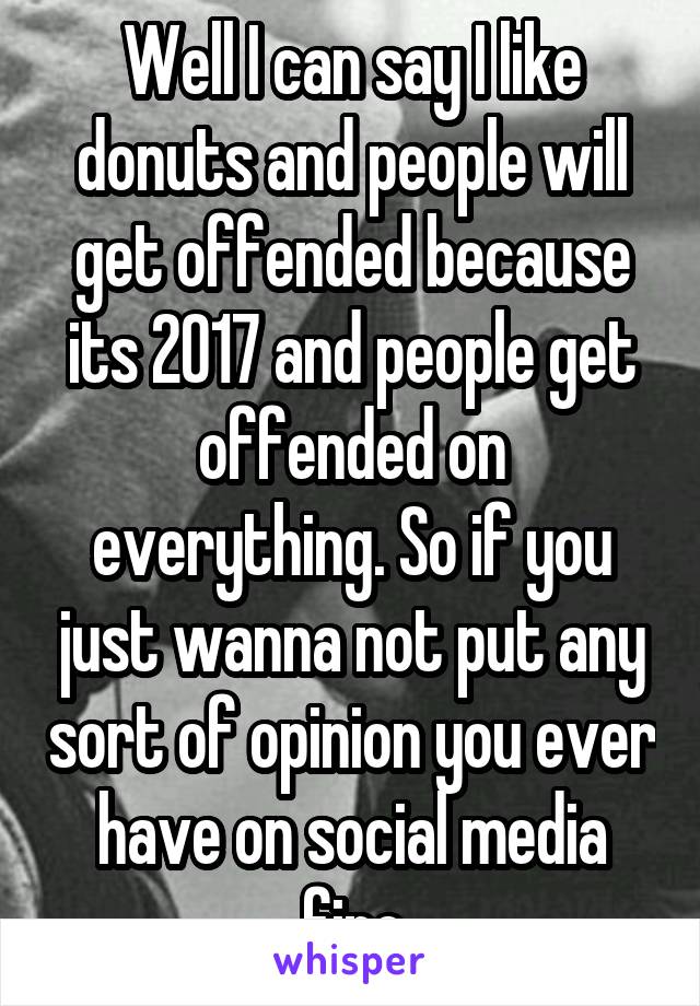 Well I can say I like donuts and people will get offended because its 2017 and people get offended on everything. So if you just wanna not put any sort of opinion you ever have on social media fine