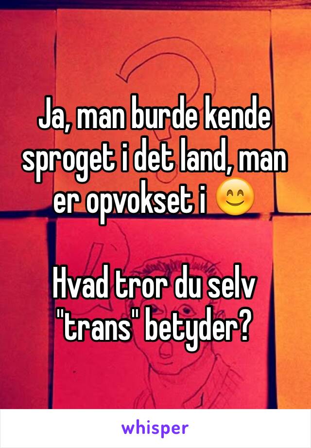 Ja, man burde kende sproget i det land, man er opvokset i 😊

Hvad tror du selv "trans" betyder?