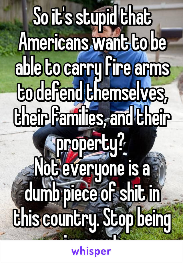 So it's stupid that Americans want to be able to carry fire arms to defend themselves, their families, and their property? 
Not everyone is a dumb piece of shit in this country. Stop being ignorant