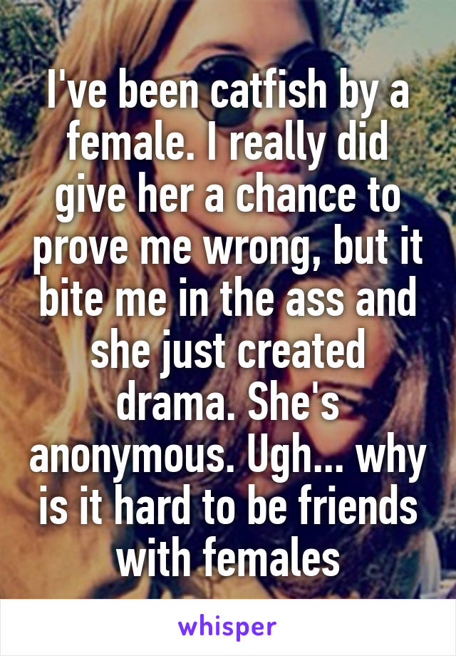 I've been catfish by a female. I really did give her a chance to prove me wrong, but it bite me in the ass and she just created drama. She's anonymous. Ugh... why is it hard to be friends with females