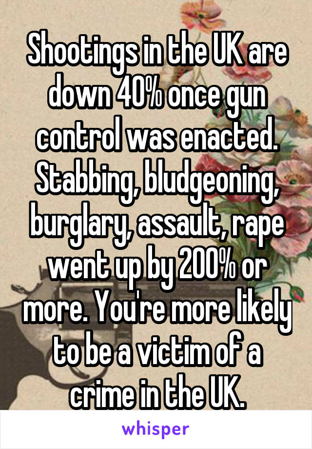 Shootings in the UK are down 40% once gun control was enacted. Stabbing, bludgeoning, burglary, assault, rape went up by 200% or more. You're more likely to be a victim of a crime in the UK.