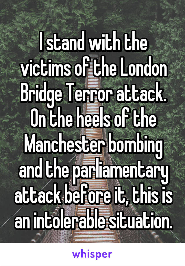 I stand with the victims of the London Bridge Terror attack.
On the heels of the Manchester bombing and the parliamentary attack before it, this is an intolerable situation.