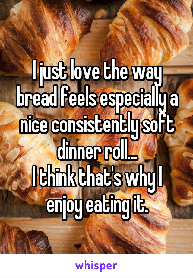 I just love the way bread feels especially a nice consistently soft dinner roll...
I think that's why I enjoy eating it.