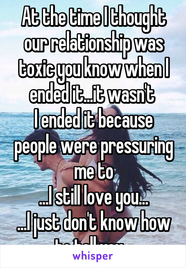 At the time I thought our relationship was toxic you know when I ended it...it wasn't 
I ended it because people were pressuring me to
...I still love you...
...I just don't know how to tell you...