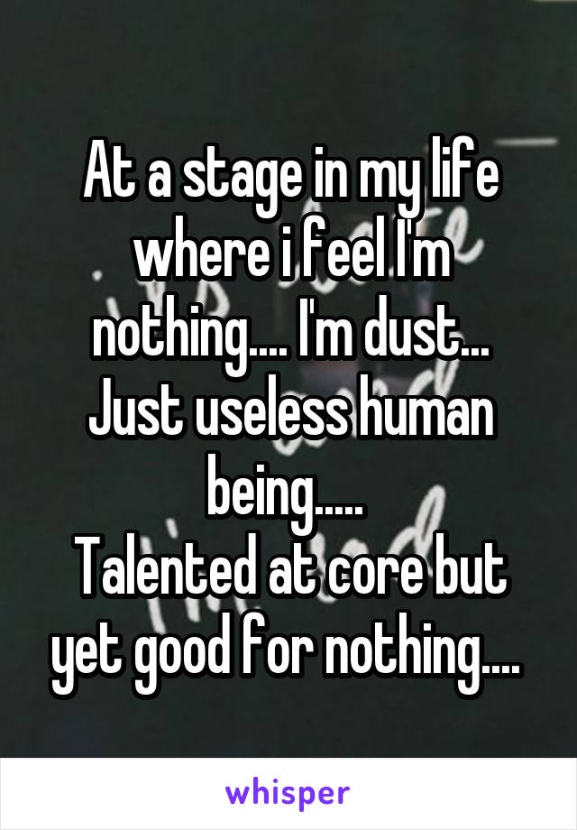 At a stage in my life where i feel I'm nothing.... I'm dust... Just useless human being..... 
Talented at core but yet good for nothing.... 