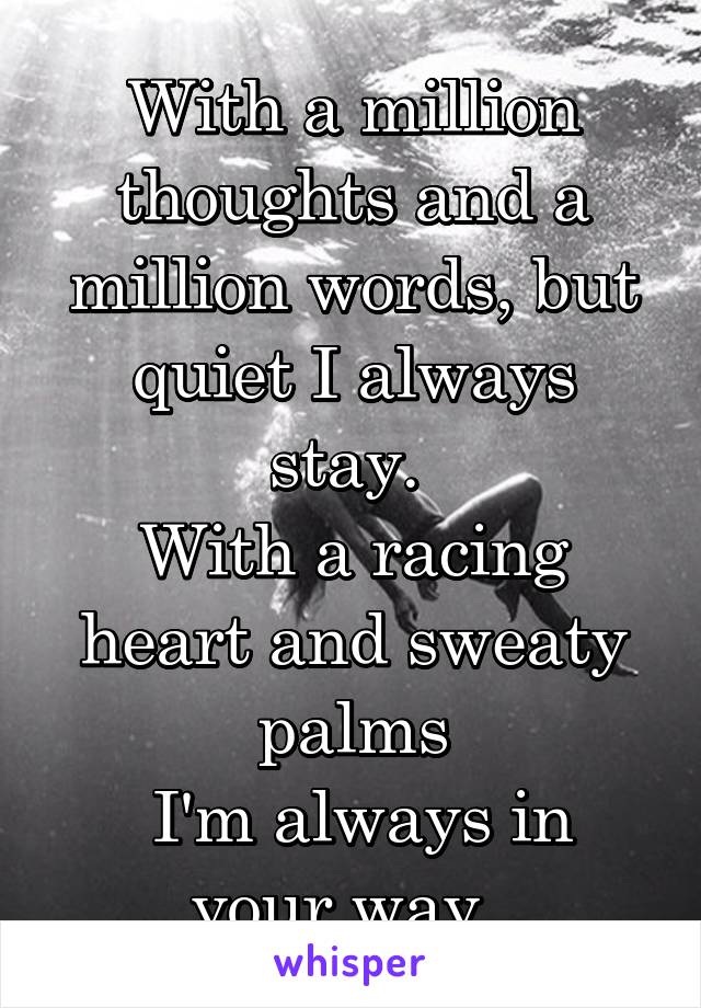 With a million thoughts and a million words, but quiet I always stay. 
With a racing heart and sweaty palms
 I'm always in your way. 