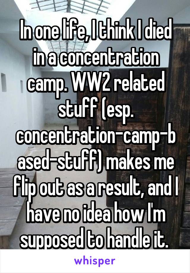 In one life, I think I died in a concentration camp. WW2 related stuff (esp. concentration-camp-based-stuff) makes me flip out as a result, and I have no idea how I'm supposed to handle it. 