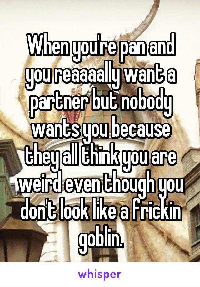 When you're pan and you reaaaally want a partner but nobody wants you because they all think you are weird even though you don't look like a frickin goblin.