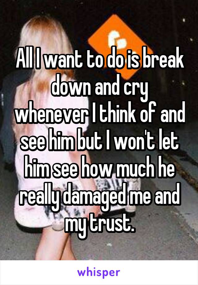 All I want to do is break down and cry whenever I think of and see him but I won't let him see how much he really damaged me and my trust.