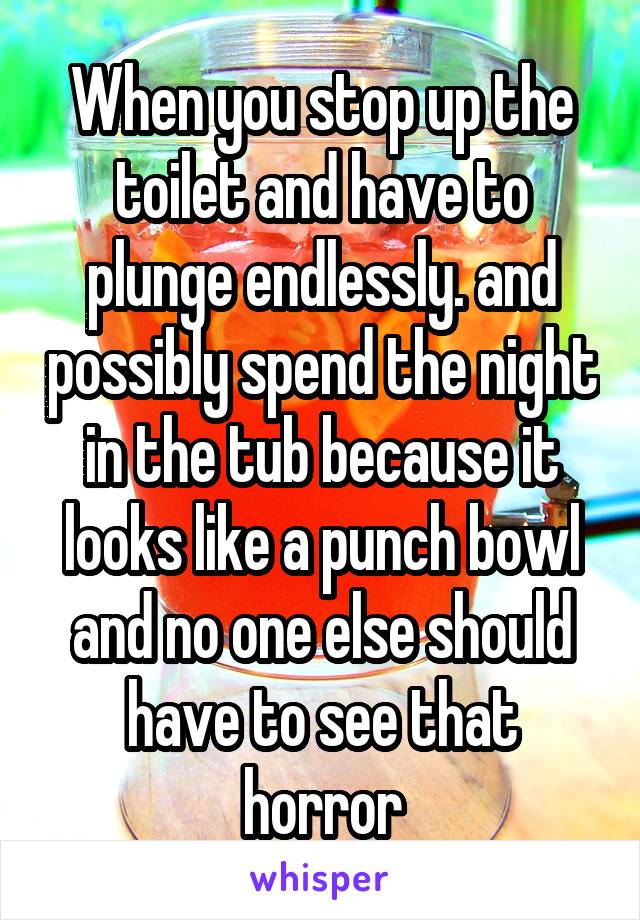 When you stop up the toilet and have to plunge endlessly. and possibly spend the night in the tub because it looks like a punch bowl and no one else should have to see that horror