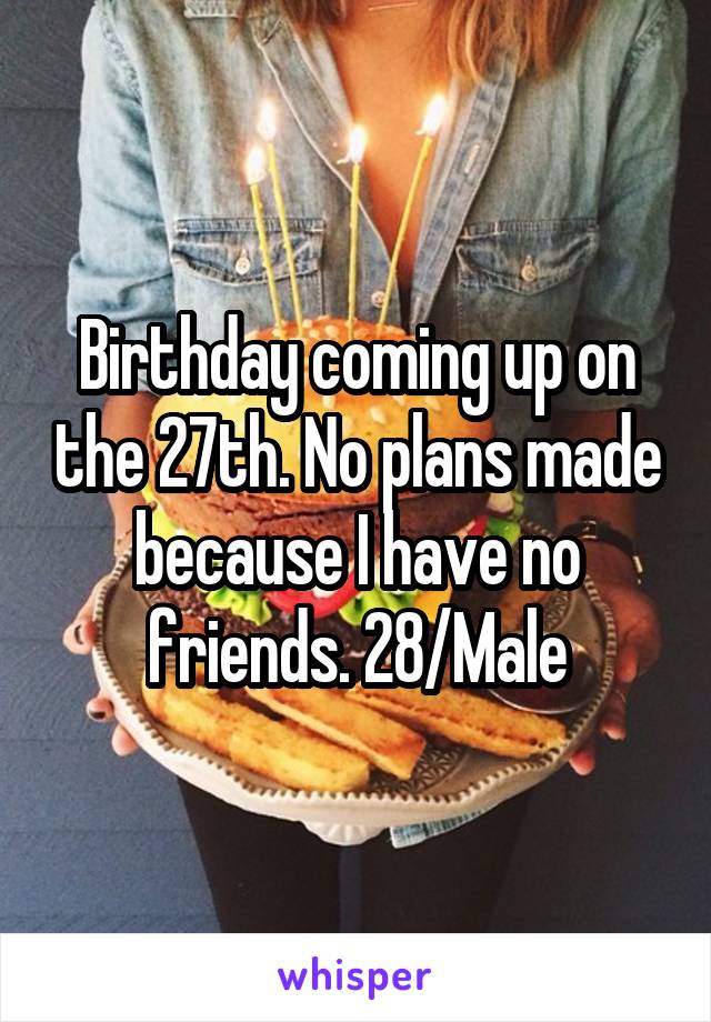 Birthday coming up on the 27th. No plans made because I have no friends. 28/Male