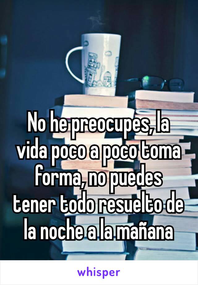 No he preocupes, la vida poco a poco toma forma, no puedes tener todo resuelto de la noche a la mañana