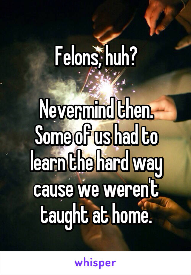 Felons, huh?

Nevermind then.
Some of us had to learn the hard way cause we weren't taught at home.