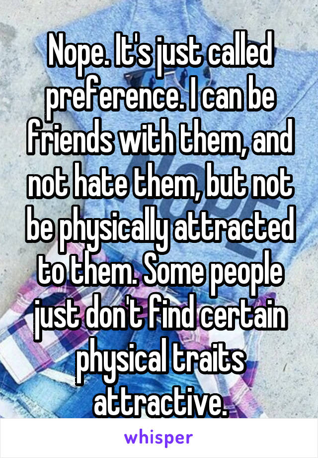 Nope. It's just called preference. I can be friends with them, and not hate them, but not be physically attracted to them. Some people just don't find certain physical traits attractive.