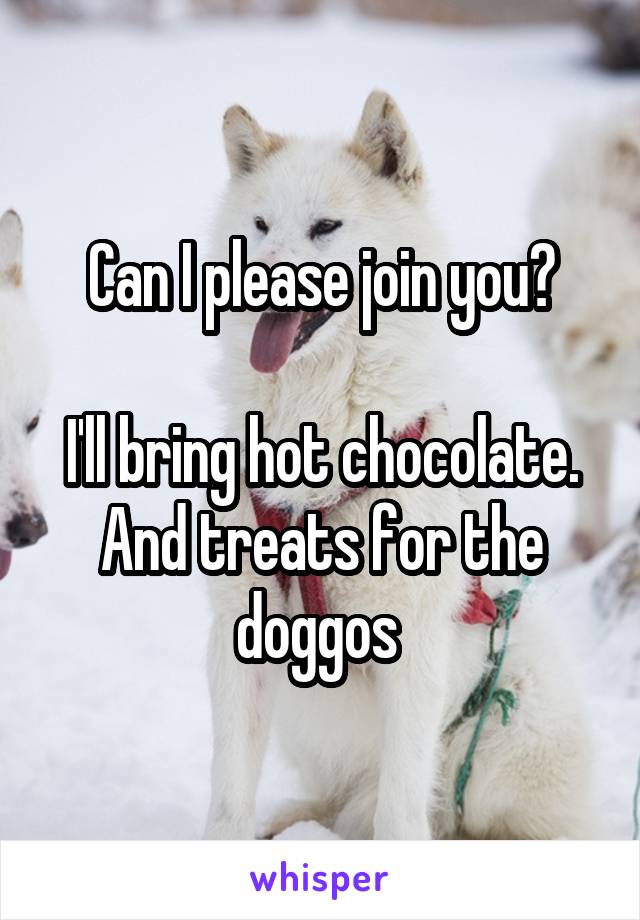 Can I please join you?

I'll bring hot chocolate. And treats for the doggos 
