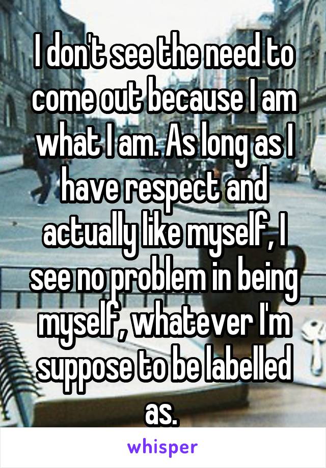 I don't see the need to come out because I am what I am. As long as I have respect and actually like myself, I see no problem in being myself, whatever I'm suppose to be labelled as. 