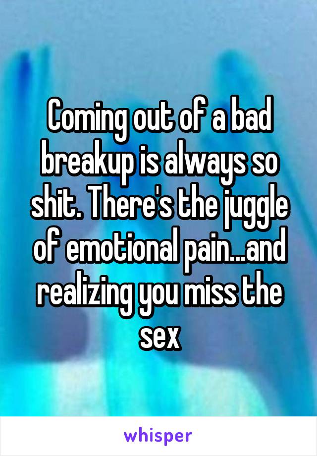 Coming out of a bad breakup is always so shit. There's the juggle of emotional pain...and realizing you miss the sex