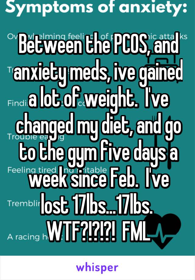 Between the PCOS, and anxiety meds, ive gained a lot of weight.  I've changed my diet, and go to the gym five days a week since Feb.  I've lost 17lbs...17lbs.  WTF?!?!?!  FML