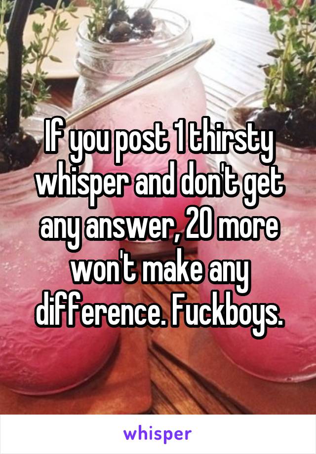 If you post 1 thirsty whisper and don't get any answer, 20 more won't make any difference. Fuckboys.