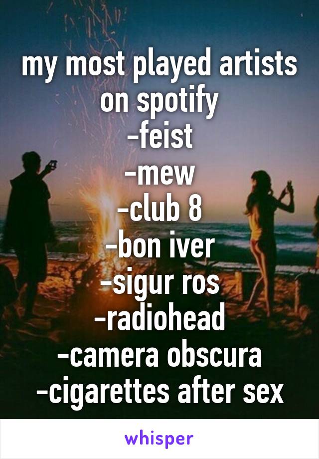 my most played artists on spotify
-feist
-mew
-club 8
-bon iver
-sigur ros
-radiohead
-camera obscura
-cigarettes after sex
