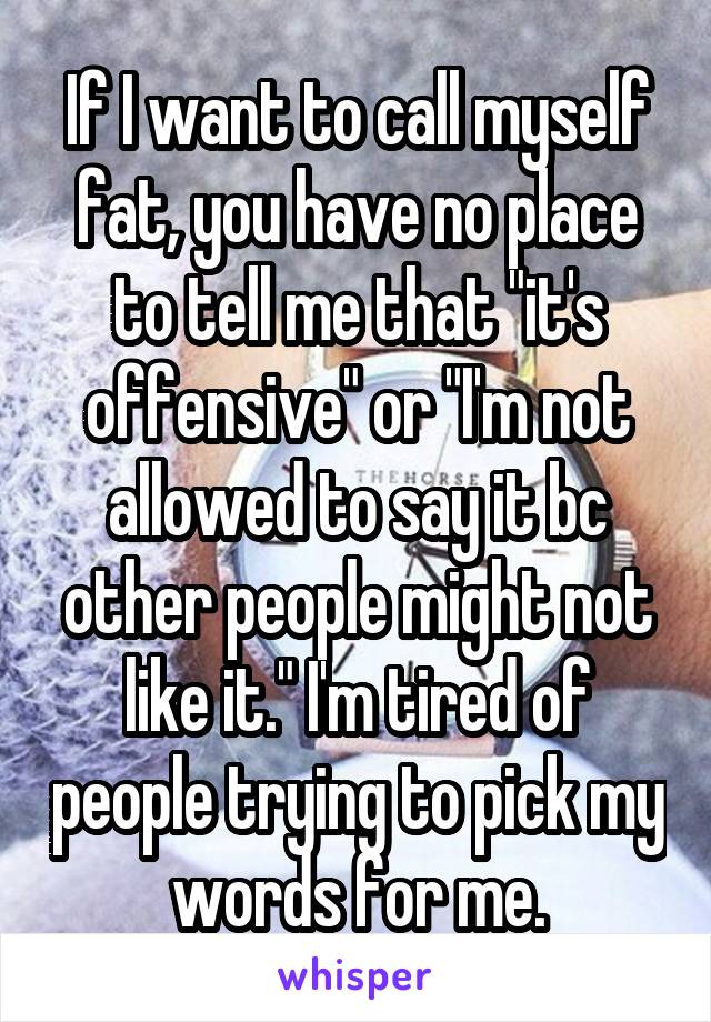If I want to call myself fat, you have no place to tell me that "it's offensive" or "I'm not allowed to say it bc other people might not like it." I'm tired of people trying to pick my words for me.