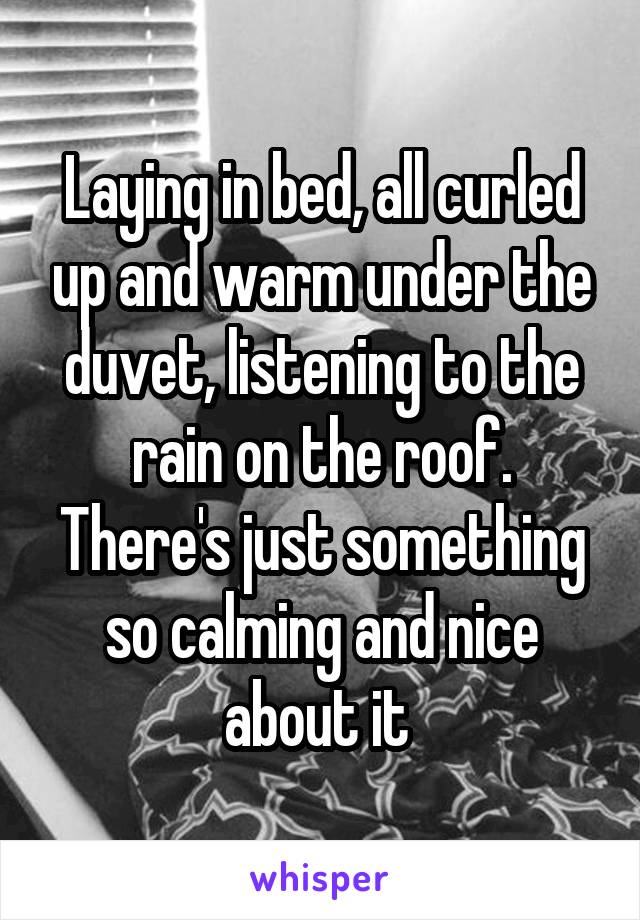Laying in bed, all curled up and warm under the duvet, listening to the rain on the roof. There's just something so calming and nice about it 