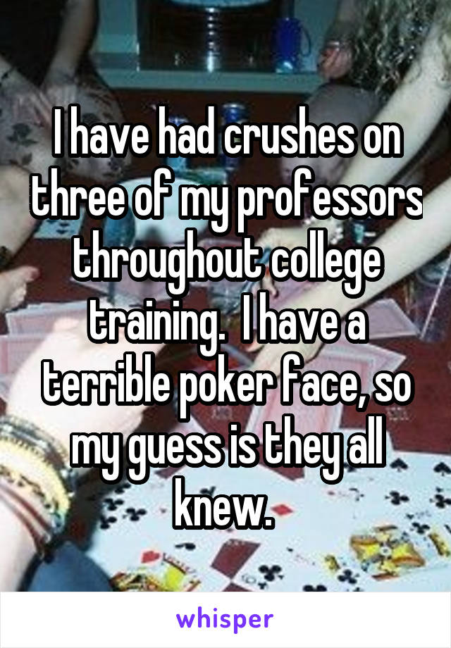 I have had crushes on three of my professors throughout college training.  I have a terrible poker face, so my guess is they all knew. 