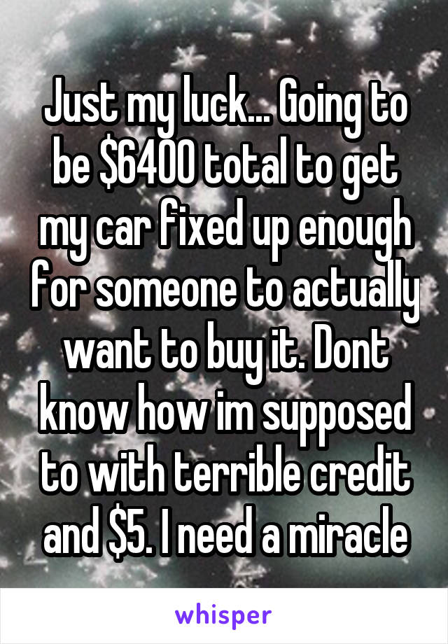 Just my luck... Going to be $6400 total to get my car fixed up enough for someone to actually want to buy it. Dont know how im supposed to with terrible credit and $5. I need a miracle