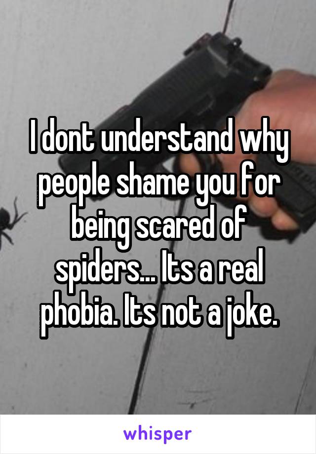 I dont understand why people shame you for being scared of spiders... Its a real phobia. Its not a joke.