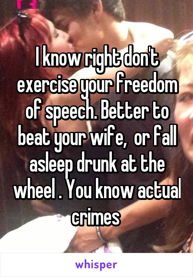 I know right don't exercise your freedom of speech. Better to beat your wife,  or fall asleep drunk at the wheel . You know actual crimes 